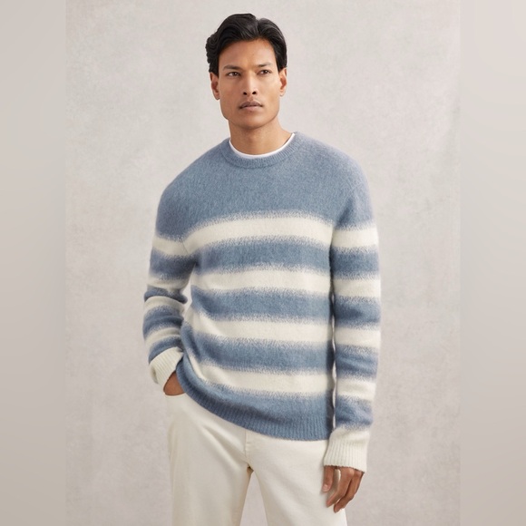 NWT REISS Piers Wool-Alpaca Blend Stripe Jumper in Soft Blue/White